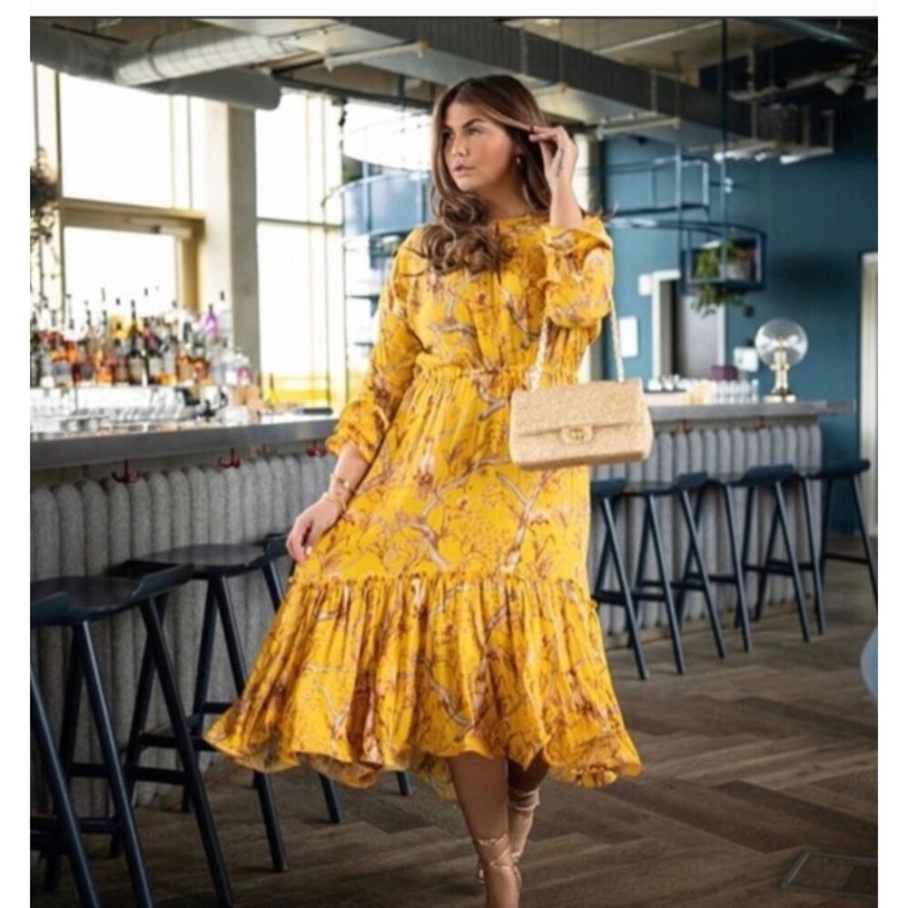 Johanna Ortiz x H&M Yellow Floral Ruffle Crepe Maxi Dress Bloggers Favorite XL